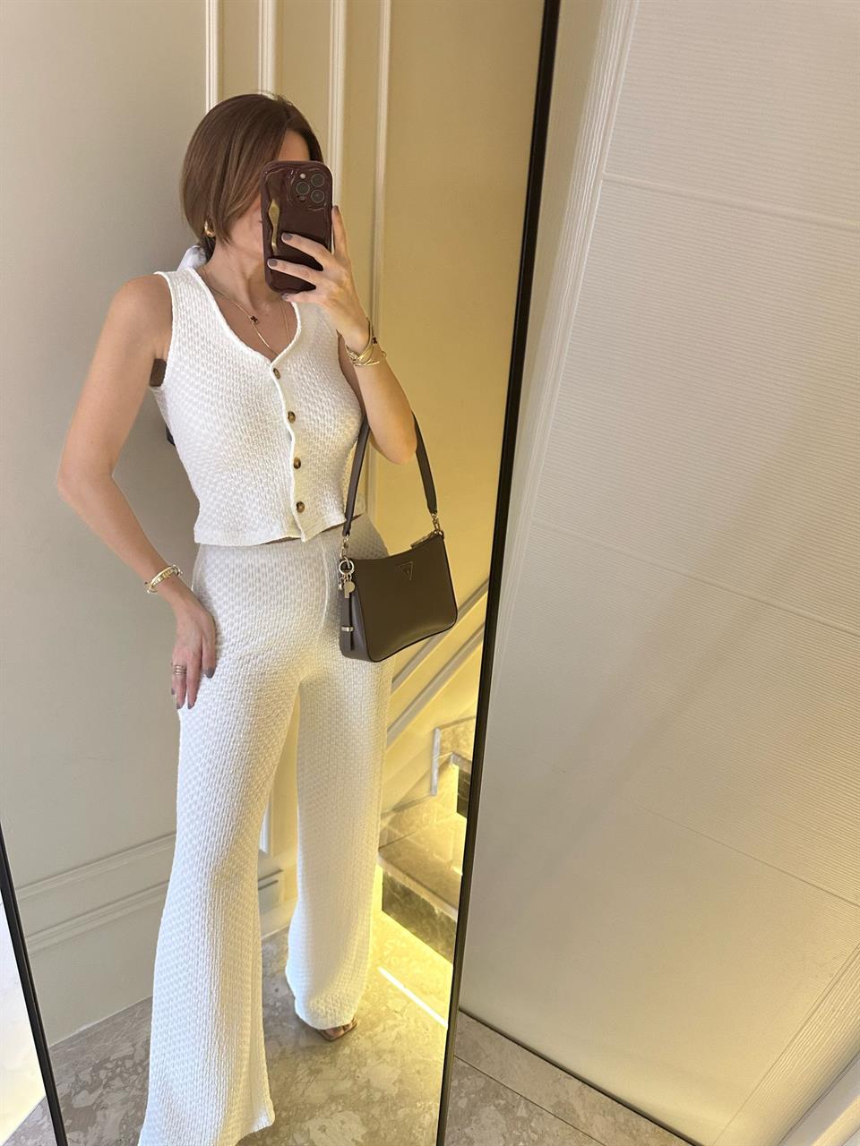 Beyaz Gofre Kumaş İkili Takım