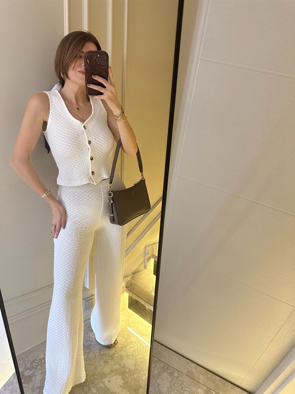 Beyaz Gofre Kumaş İkili Takım