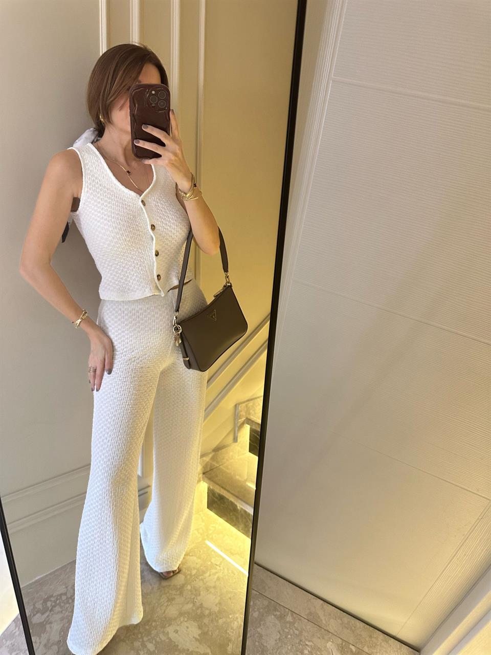 Beyaz Gofre Kumaş İkili Takım