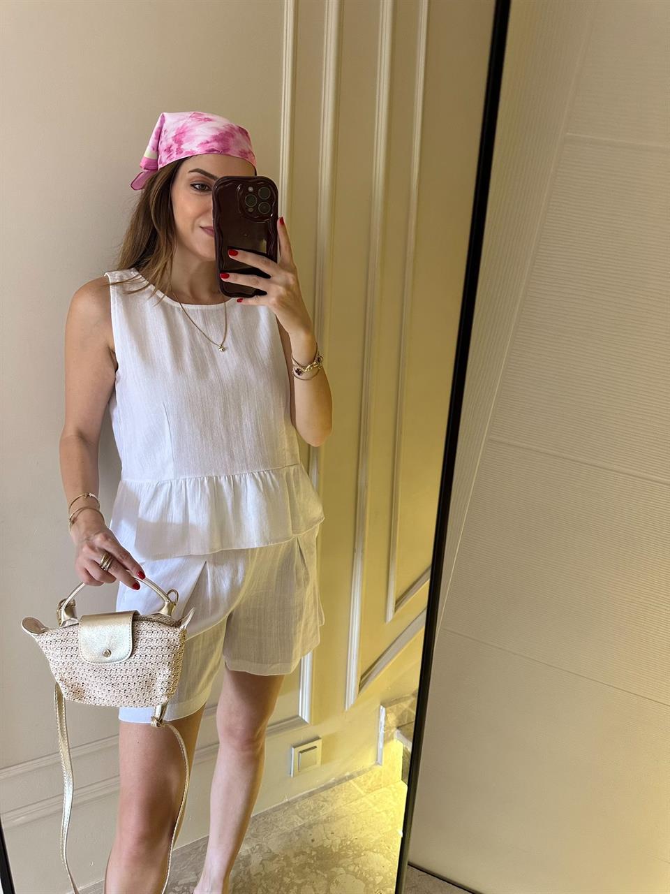 Beyaz Keten Şort Bluz Takım