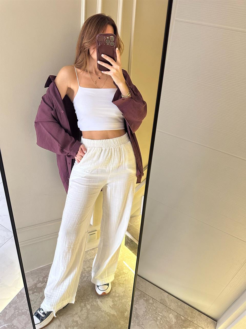 Beyaz Müslin Kumaş Palazzo Pantolon