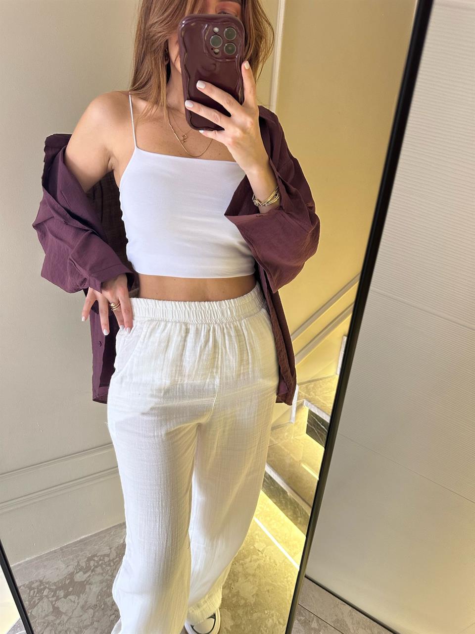 Beyaz Müslin Kumaş Palazzo Pantolon