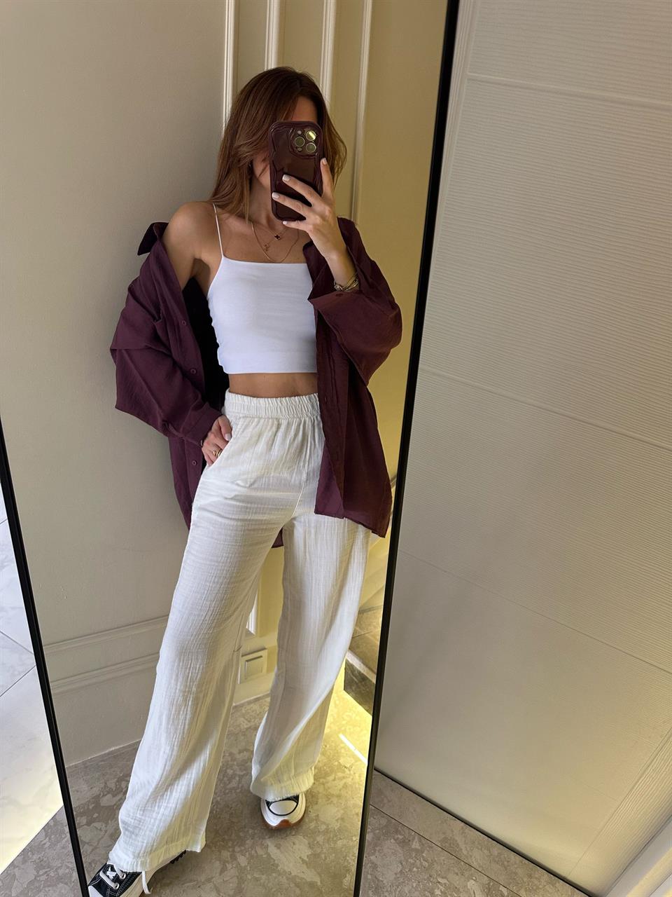 Beyaz Müslin Kumaş Palazzo Pantolon