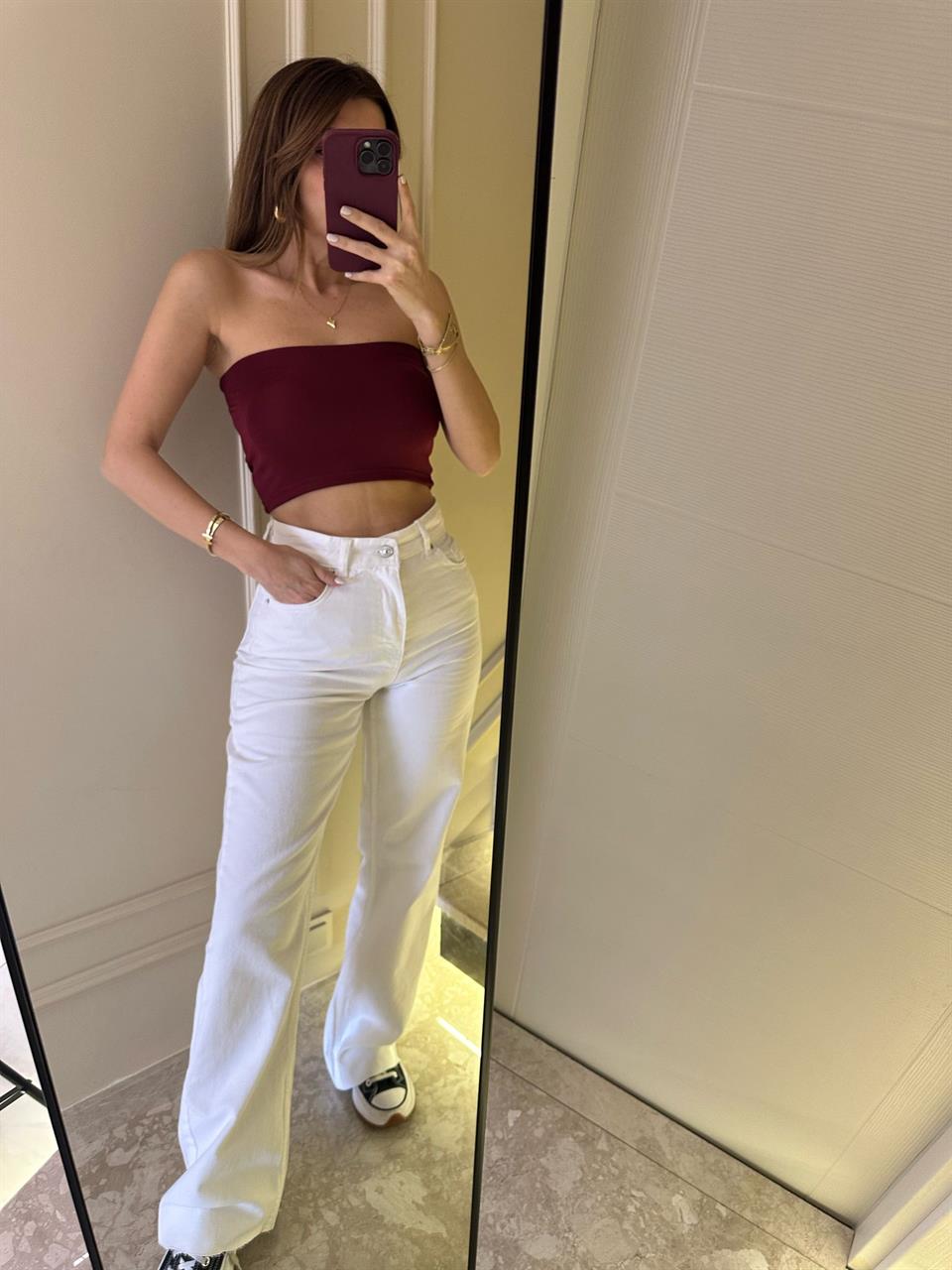 Beyaz Paça Kesik Palazzo Jean