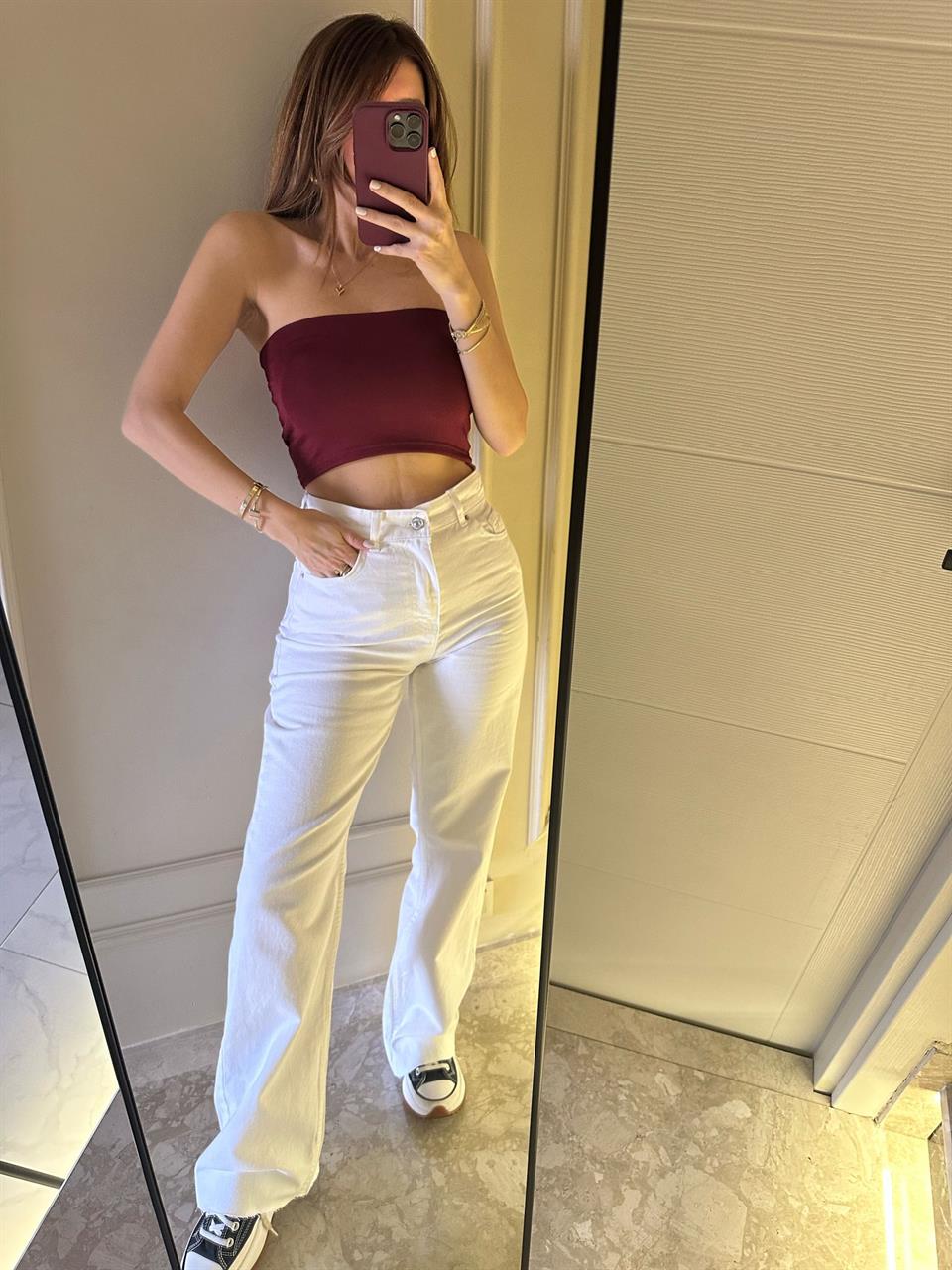 Beyaz Paça Kesik Palazzo Jean