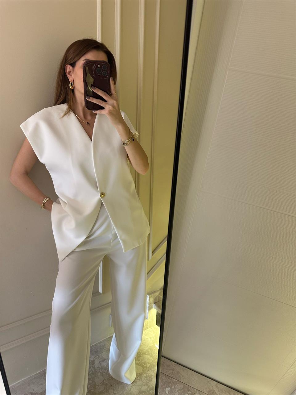 Beyaz Palazzo Pantolon Yelekli Takım