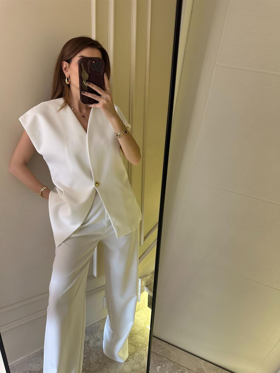 Beyaz Palazzo Pantolon Yelekli Takım