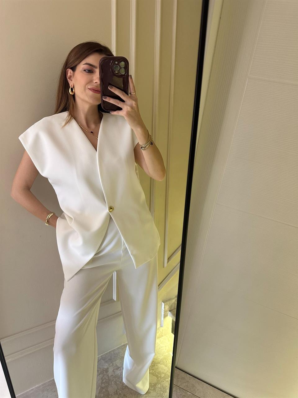 Beyaz Palazzo Pantolon Yelekli Takım