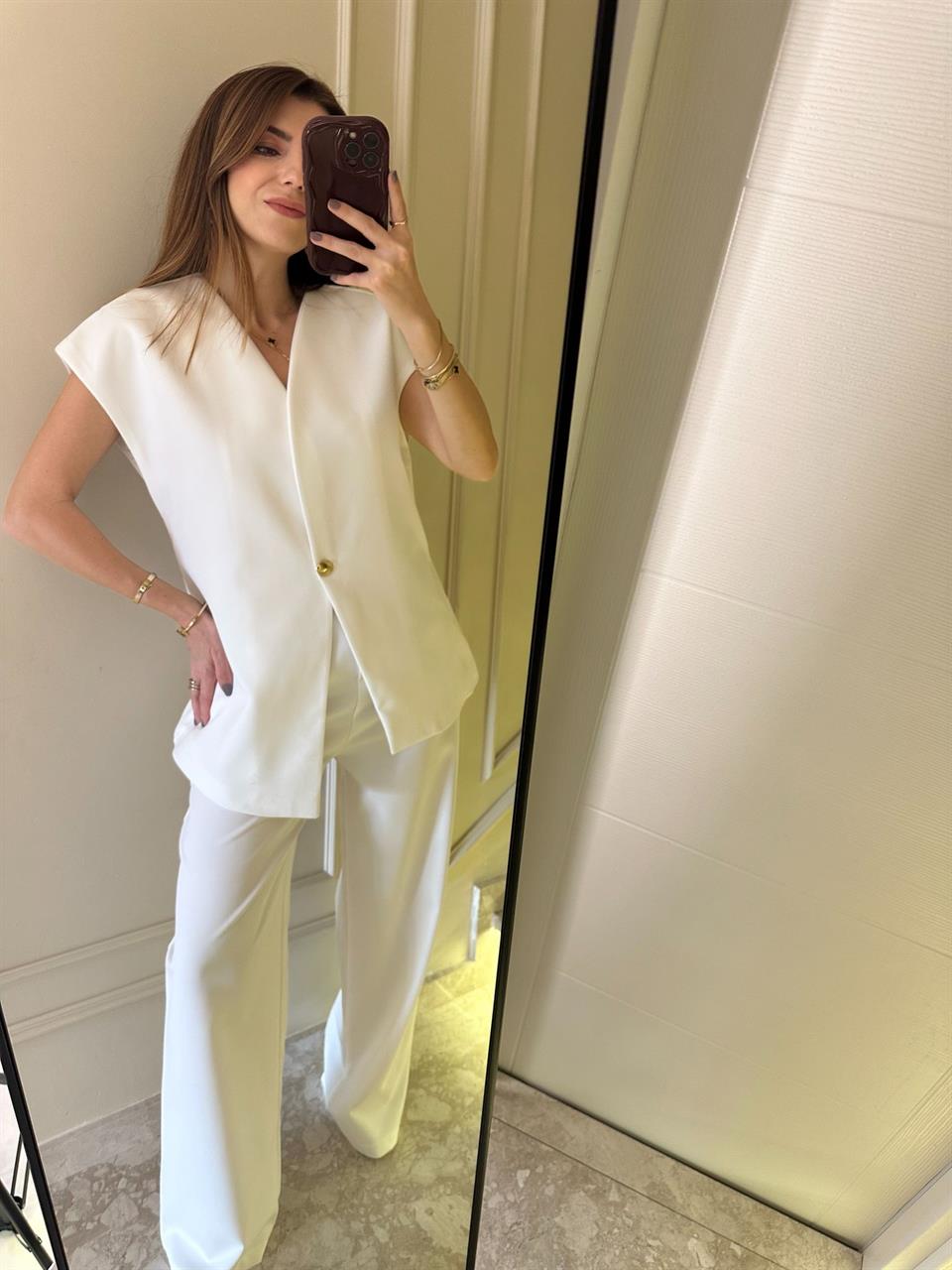 Beyaz Palazzo Pantolon Yelekli Takım