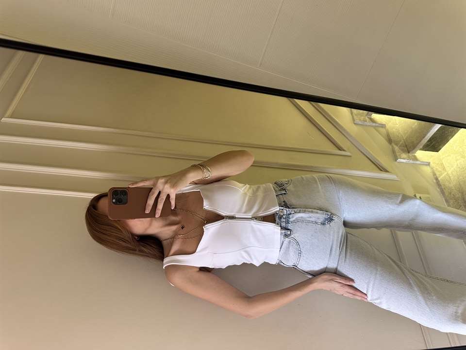 Beyaz Pamuk Çift Fermuar Askılı Bluz