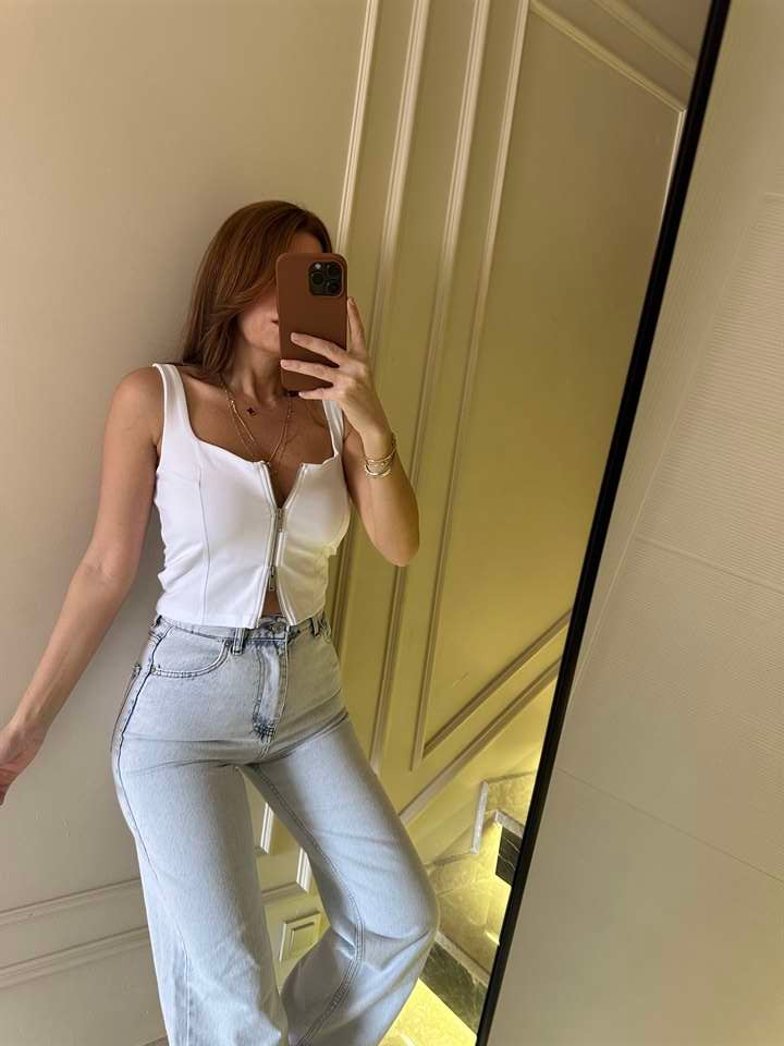 Beyaz Pamuk Çift Fermuar Askılı Bluz