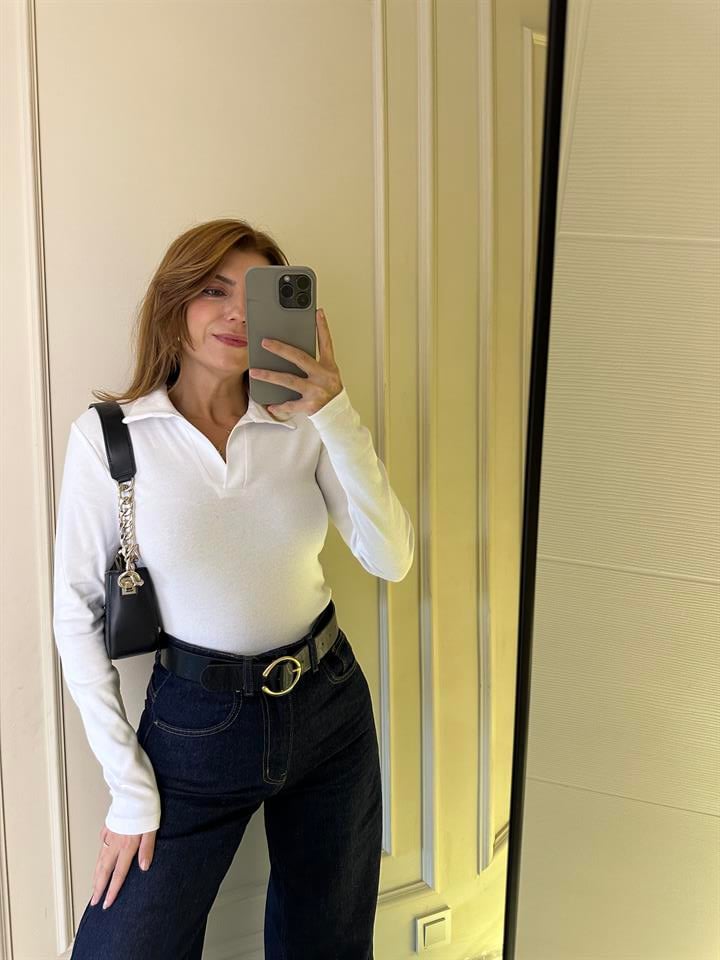 Beyaz Polo Yaka Uzun Kol Bluz