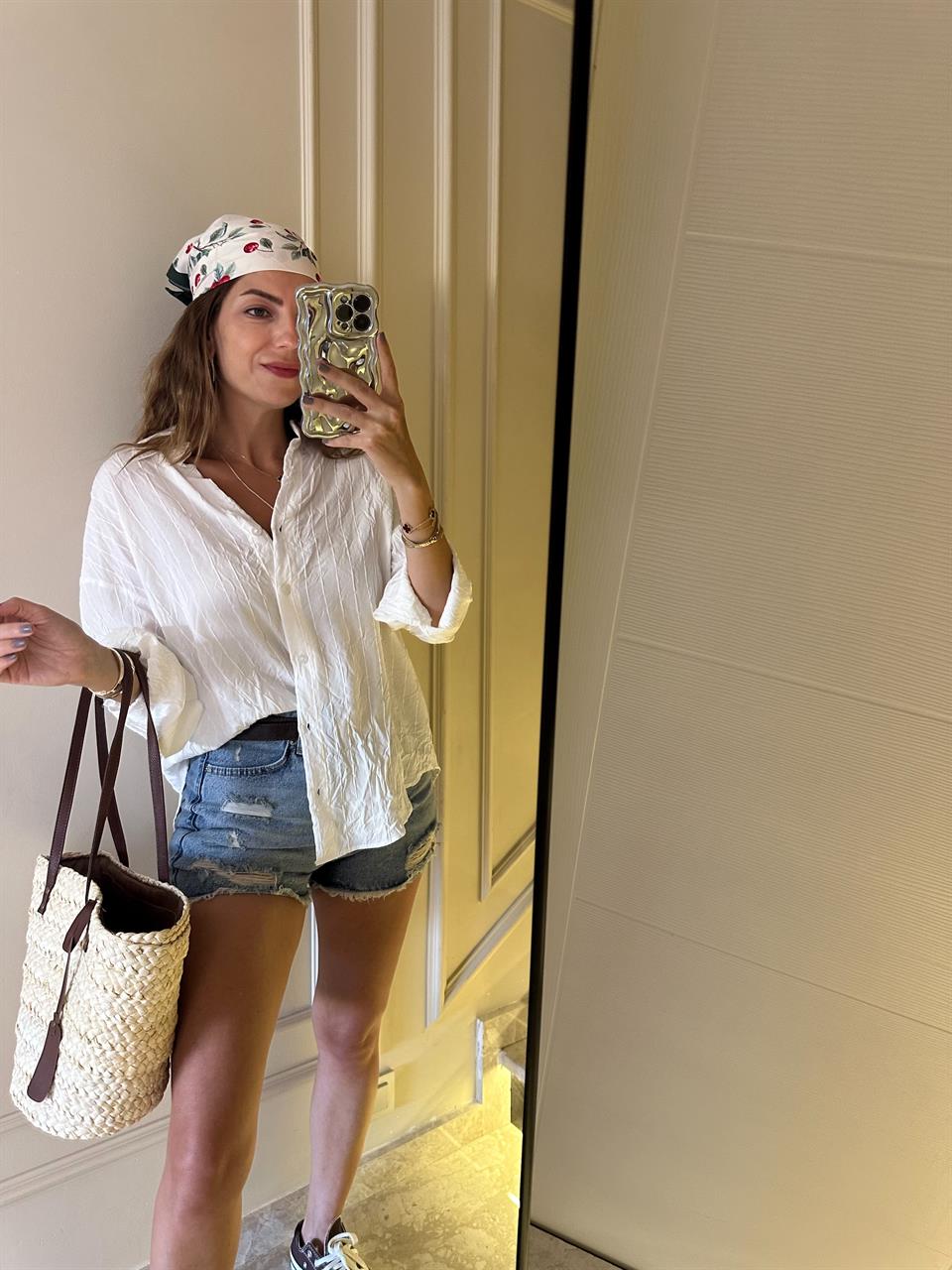 Beyaz Vual Kumaş Fitilli Gömlek