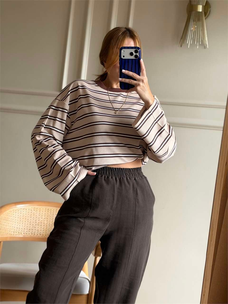 Bisiklet Yaka Çizgili Oversize Bluz - KremKahve
