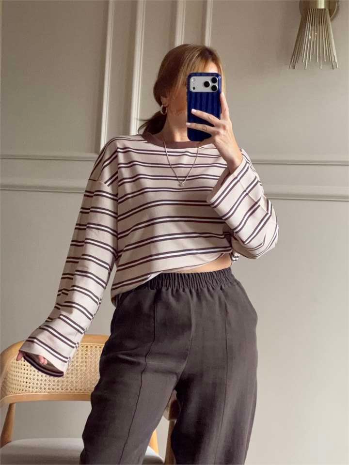 Bisiklet Yaka Çizgili Oversize Bluz - KremKahve