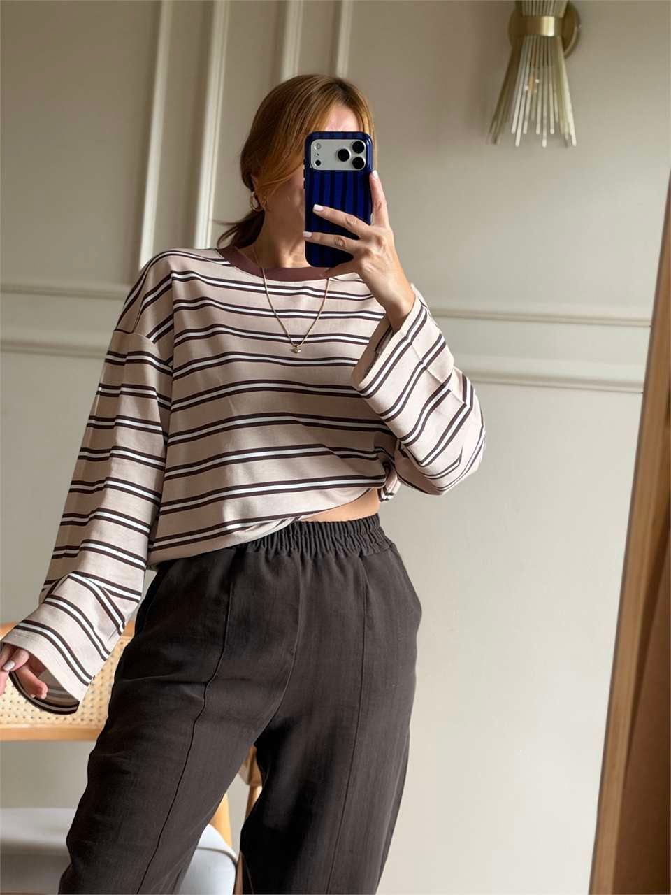 Bisiklet Yaka Çizgili Oversize Bluz - KremKahve