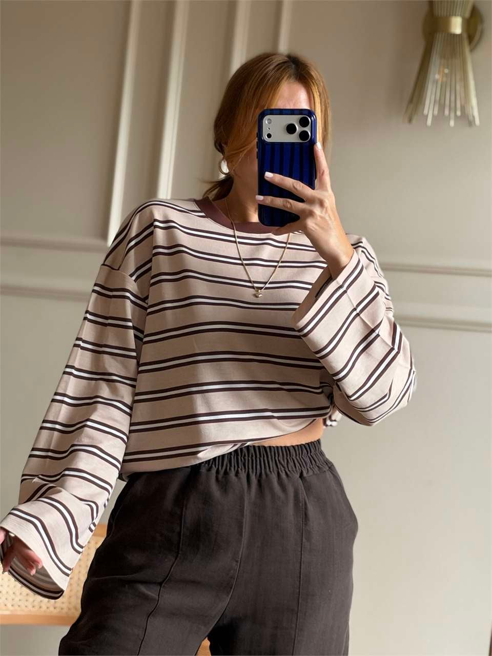 Bisiklet Yaka Çizgili Oversize Bluz - KremKahve