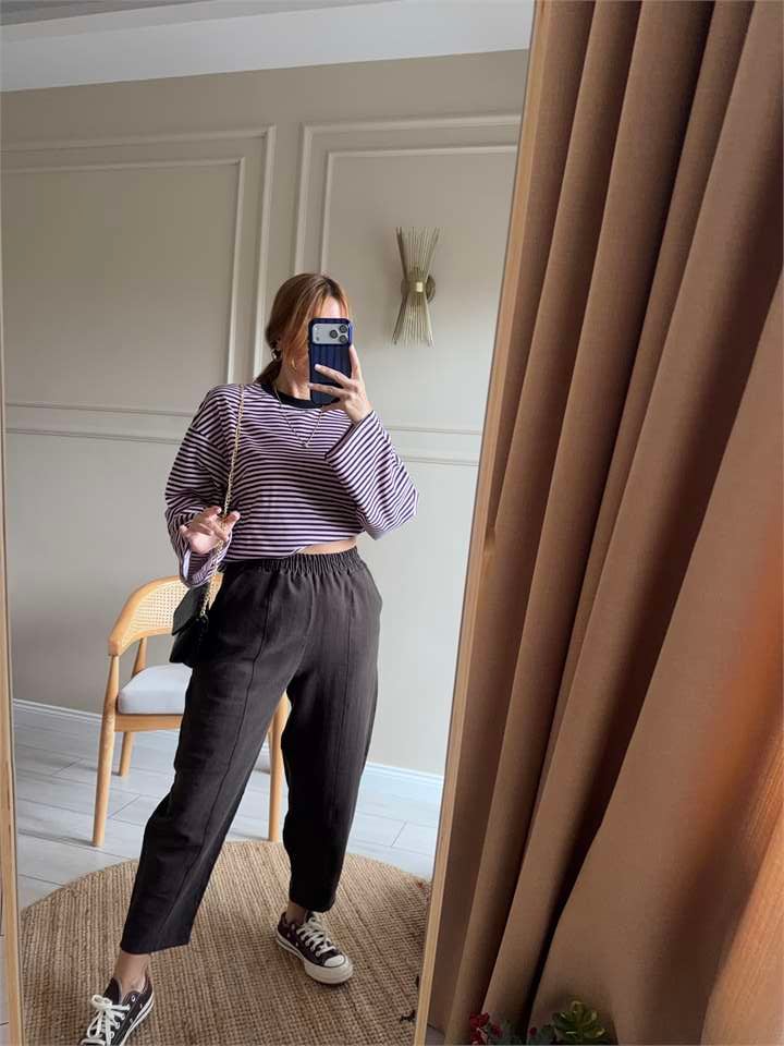 Bisiklet Yaka Çizgili Oversize Bluz - PembeSiyah