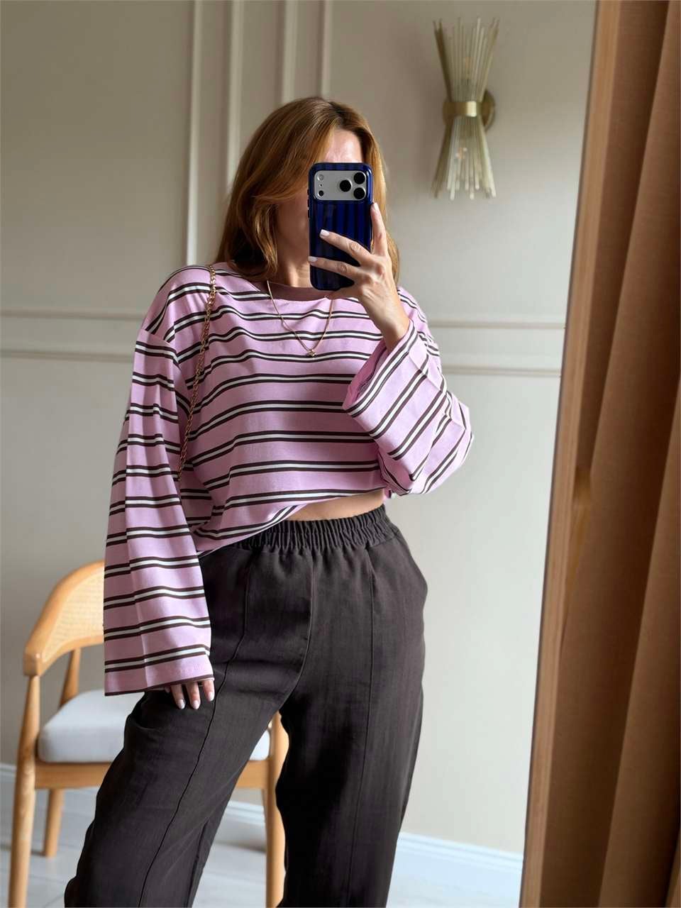 Bisiklet Yaka Çizgili Oversize Bluz - PembeKahve