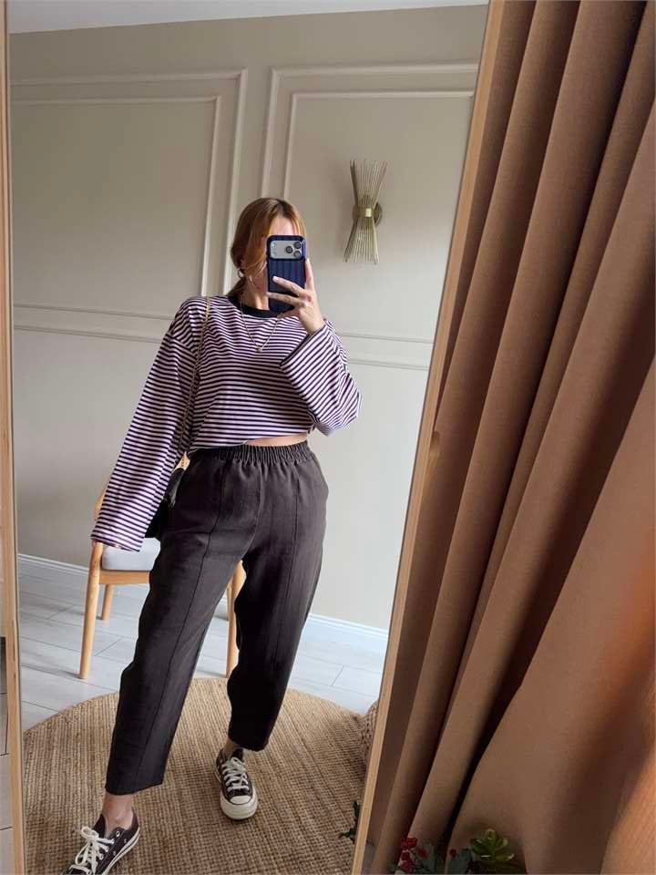 Bisiklet Yaka Çizgili Oversize Bluz - PembeSiyah