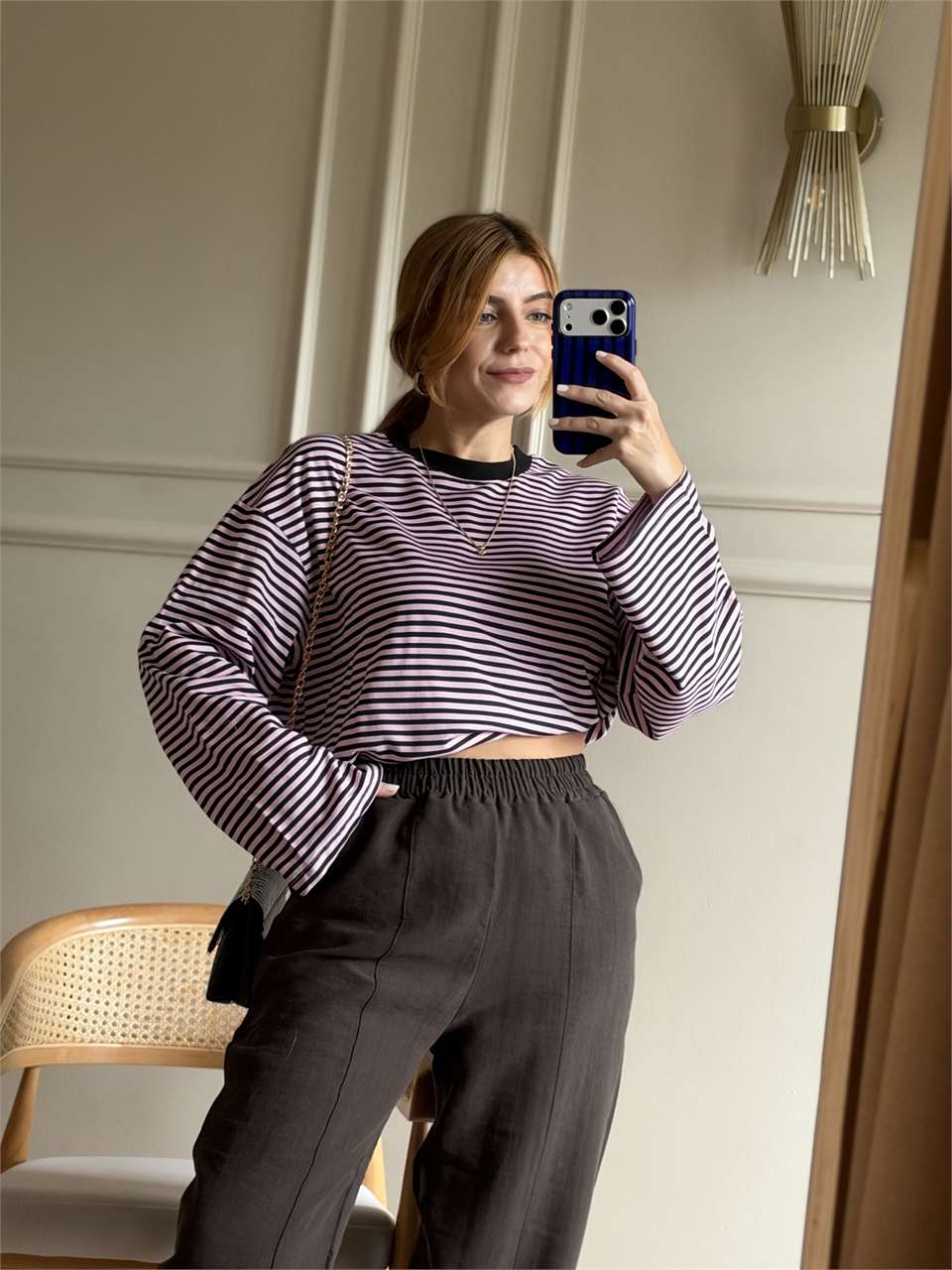 Bisiklet Yaka Çizgili Oversize Bluz - PembeSiyah
