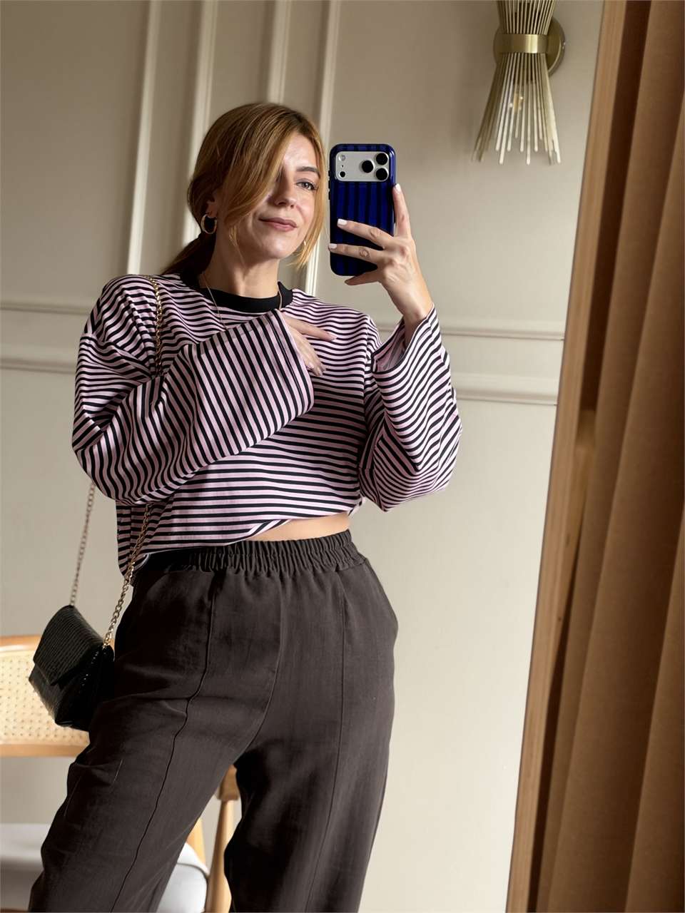 Bisiklet Yaka Çizgili Oversize Bluz - PembeSiyah