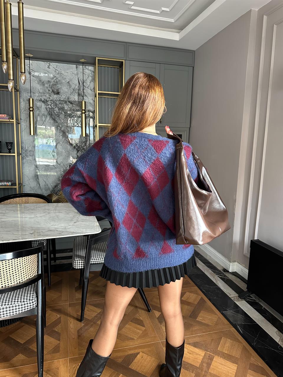 Bordo Baklava Desen Sakallı Salaş Hırka