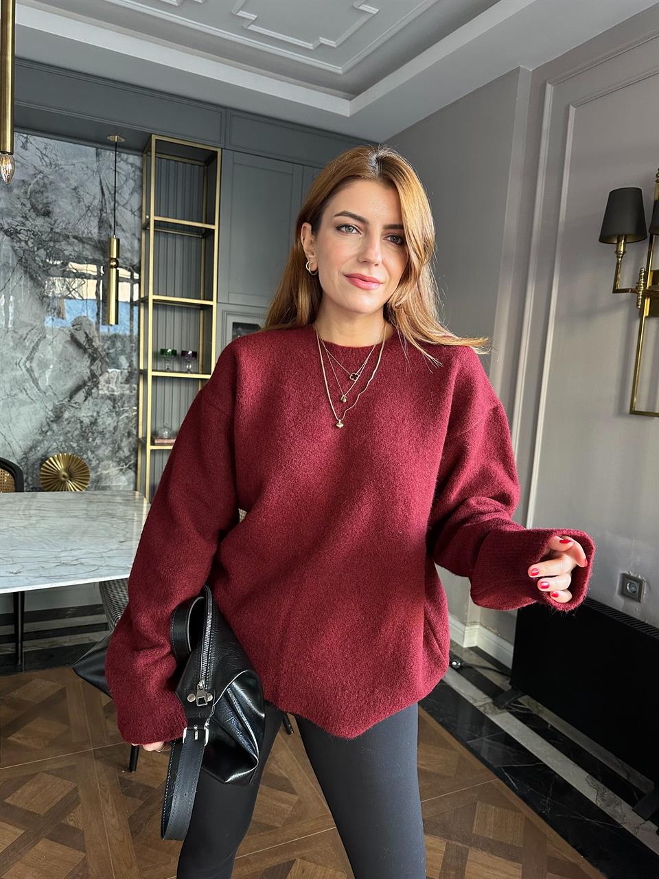 Bordo Bisiklet Yaka Yumoş Triko Kazak