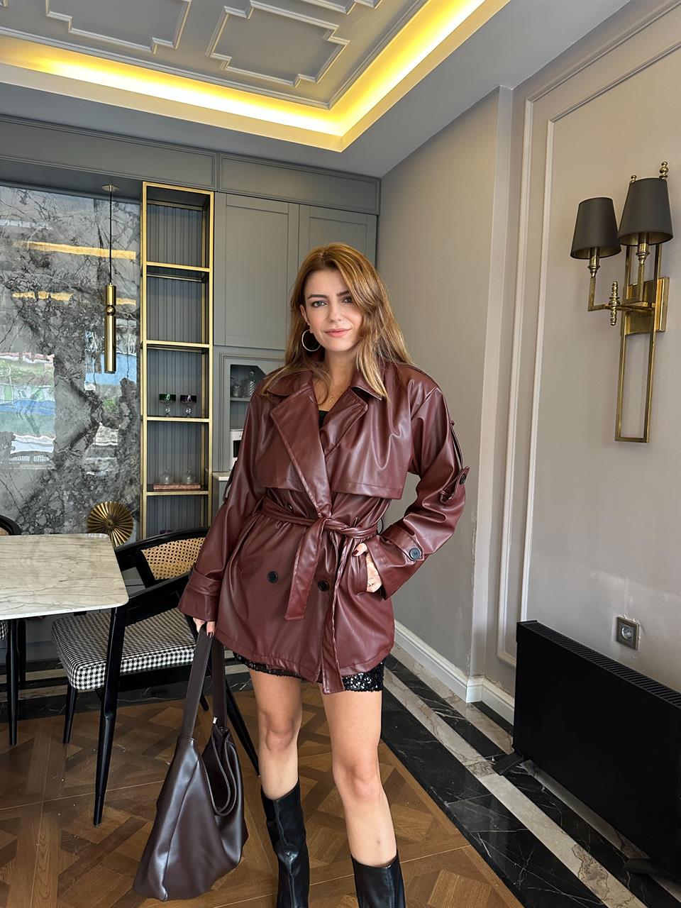 Bordo Deri Bağlamalı Trenç