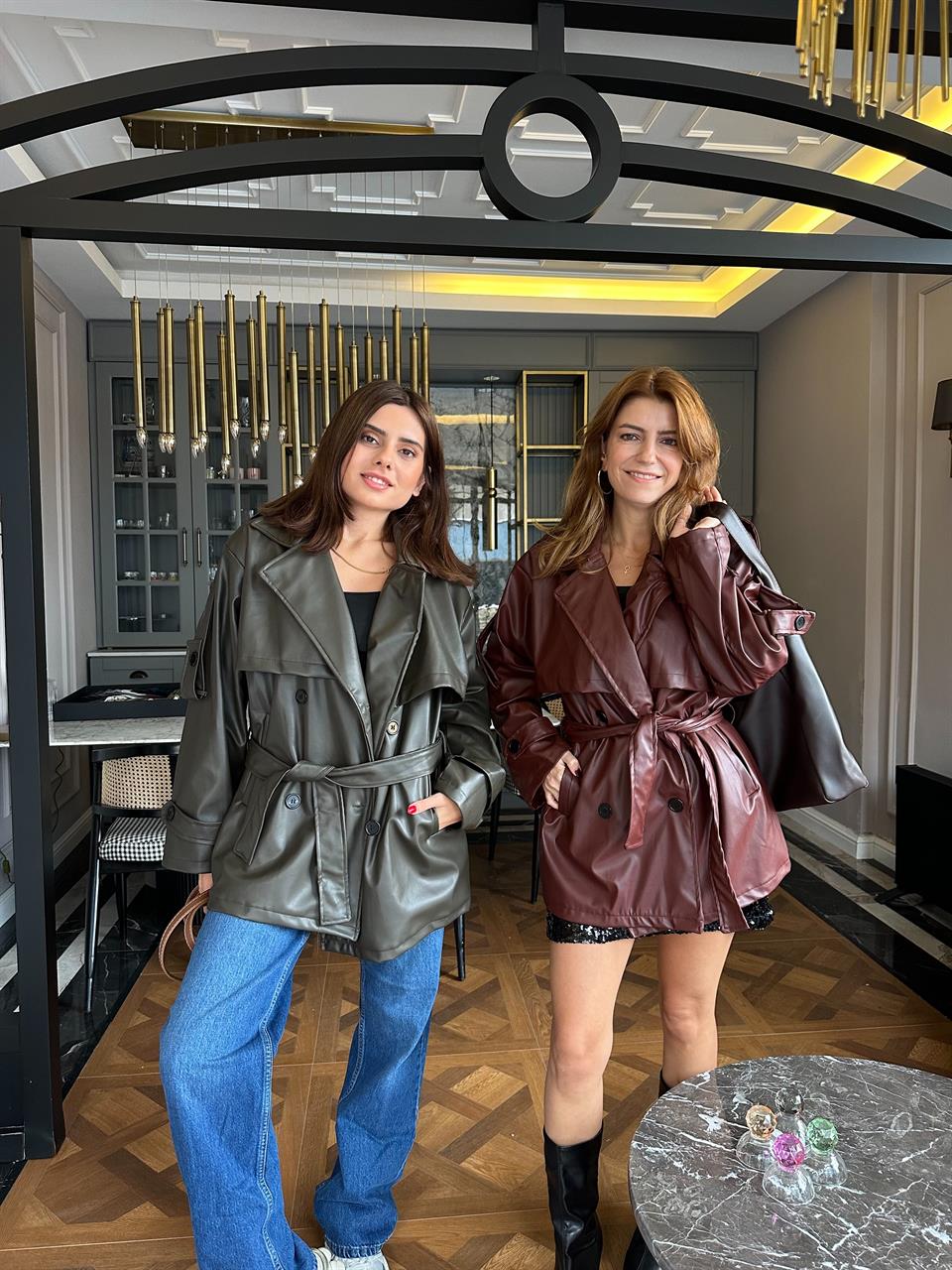 Bordo Deri Bağlamalı Trenç