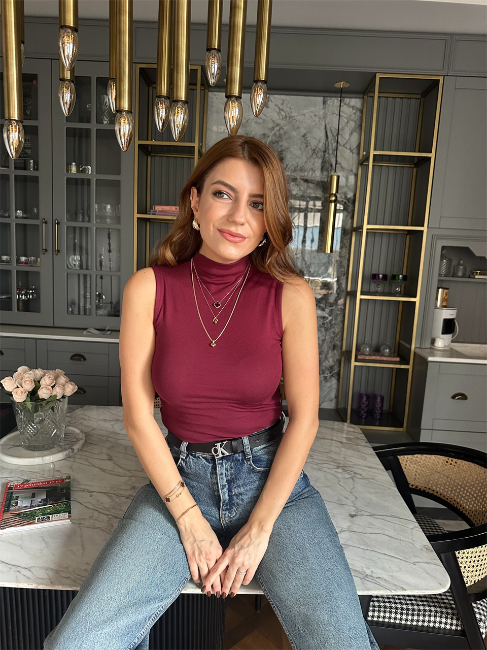 Bordo Dik Yaka Pamuk Bluz