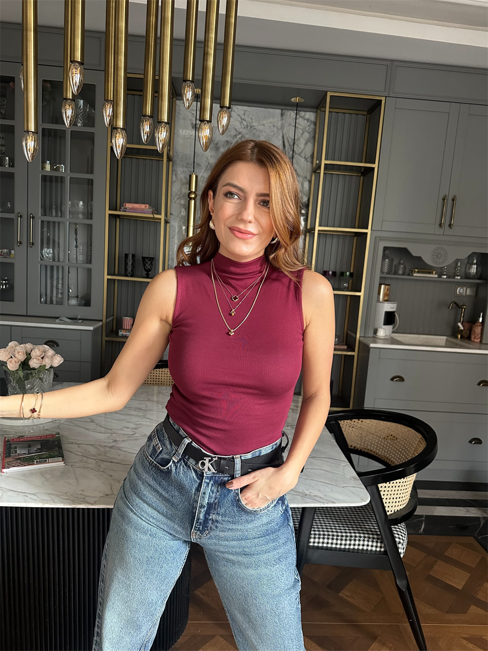 Bordo Dik Yaka Pamuk Bluz