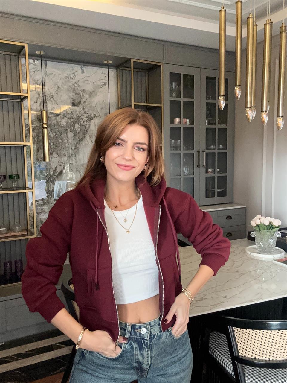 Bordo Fermuarlı Crop Hırka