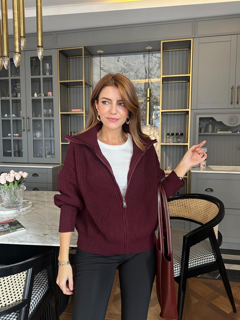 Bordo Fermuarlı Selanik Triko Hırka