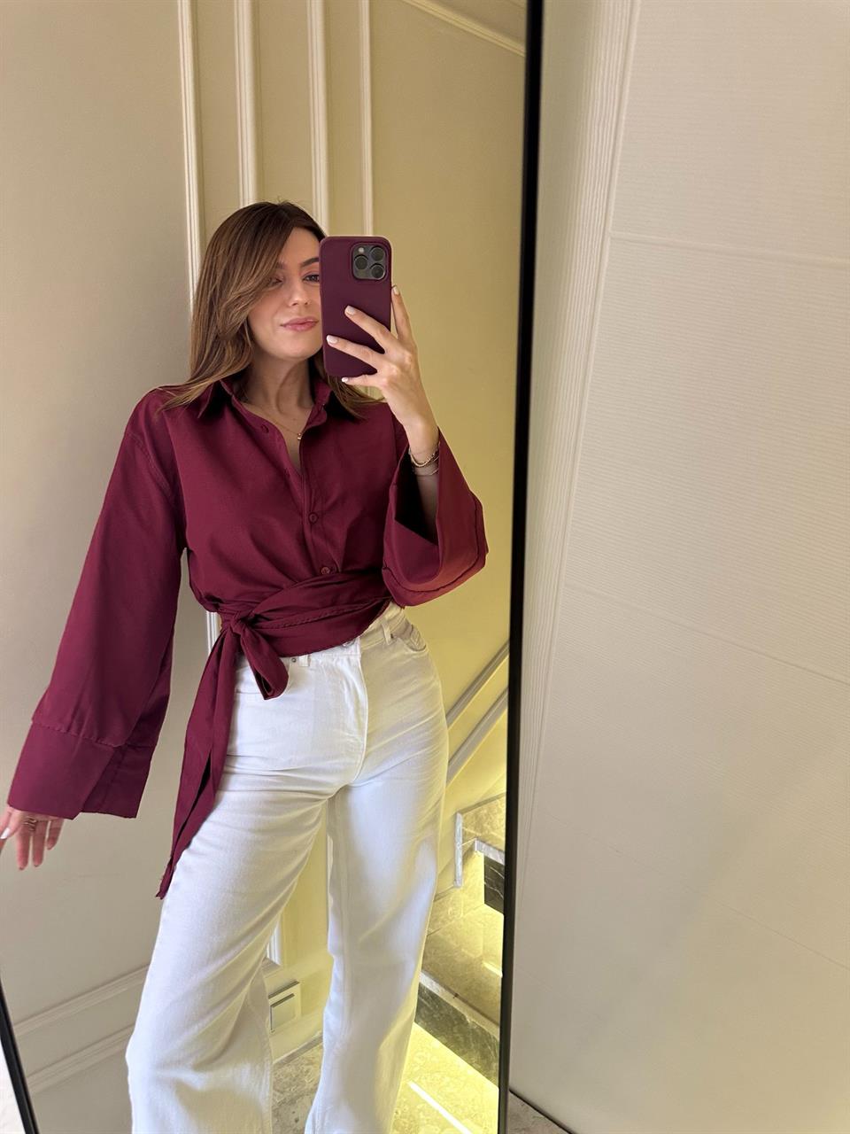 Bordo Geniş Kol Bağlamalı Gömlek