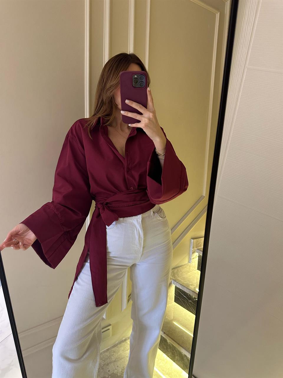 Bordo Geniş Kol Bağlamalı Gömlek