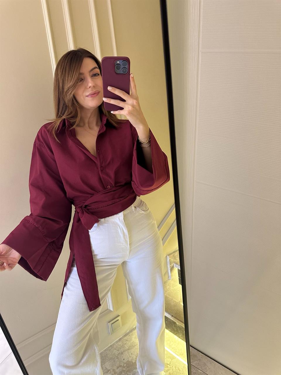 Bordo Geniş Kol Bağlamalı Gömlek