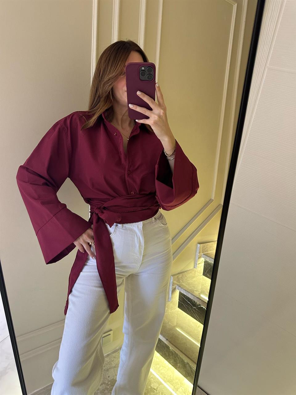 Bordo Geniş Kol Bağlamalı Gömlek