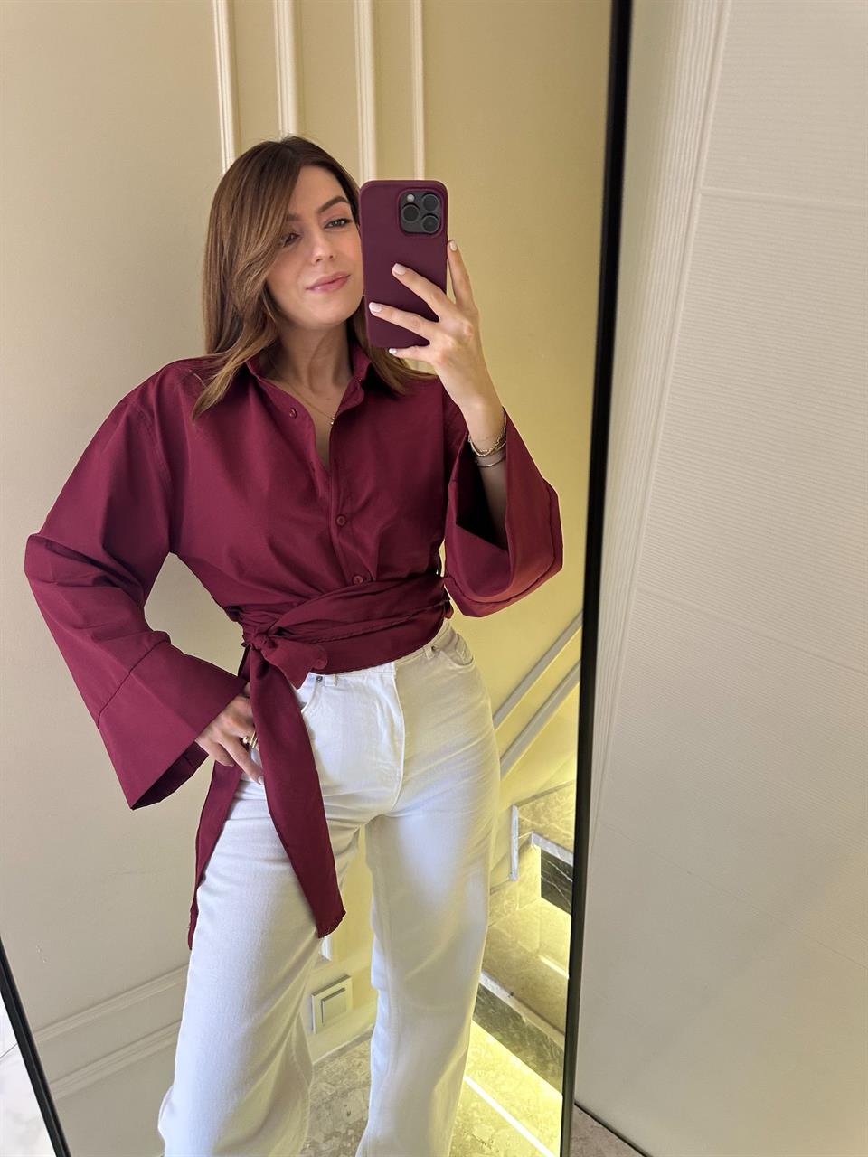 Bordo Geniş Kol Bağlamalı Gömlek