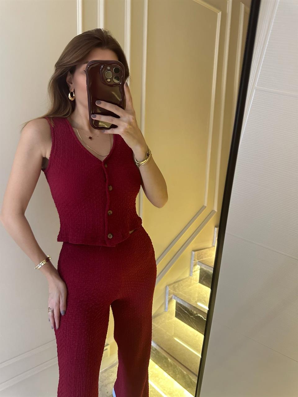 Bordo Gofre Kumaş İkili Takım