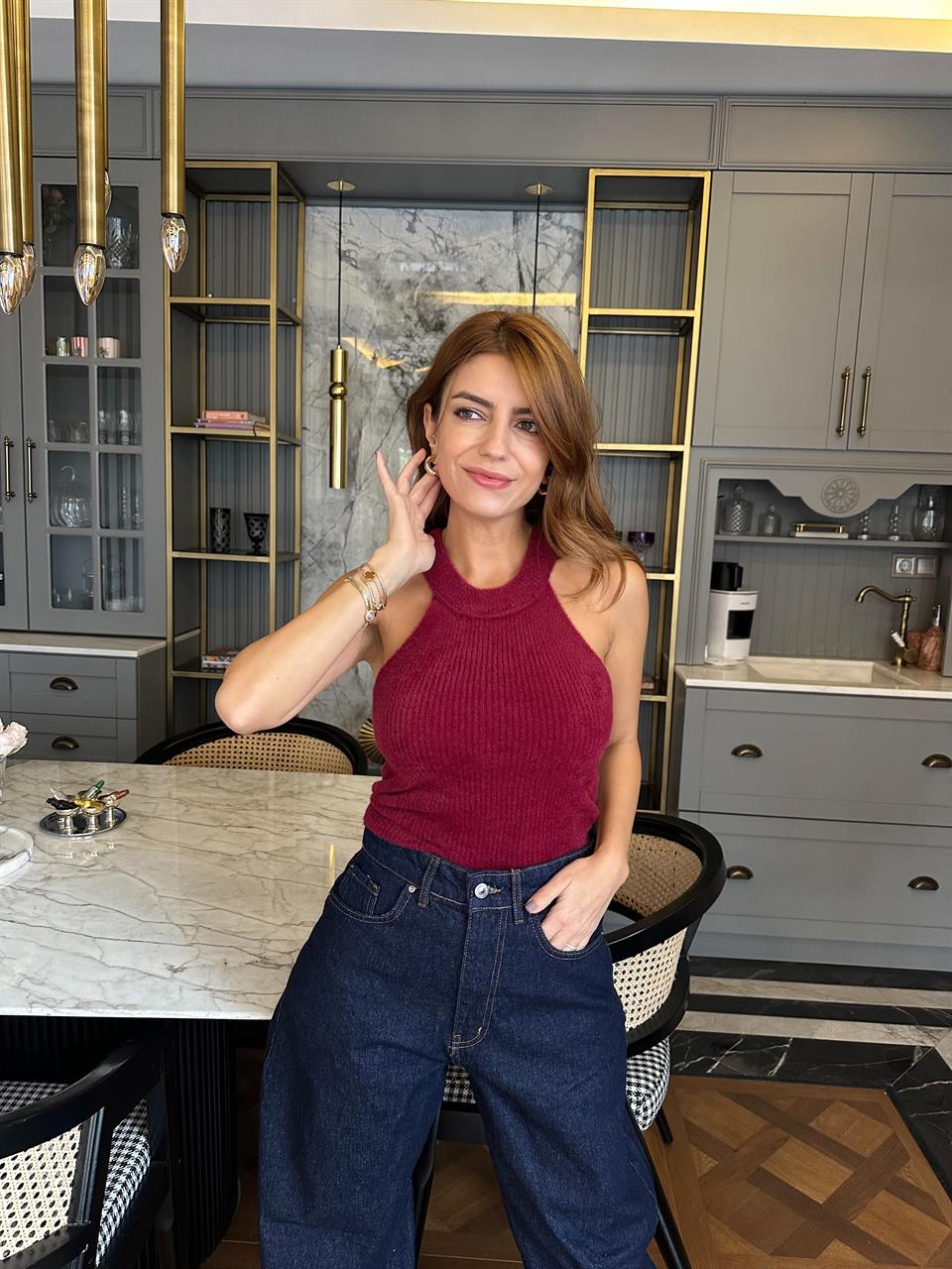 Bordo Halter Yaka Yumoş Bluz