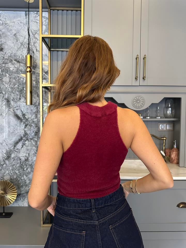 Bordo Halter Yaka Yumoş Bluz