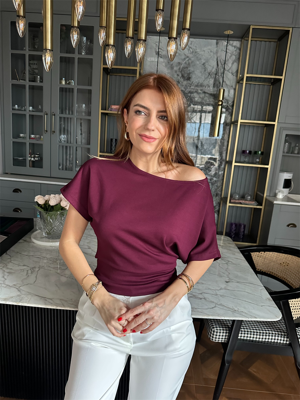 Bordo Kayık Yaka Kısa Kol Bluz