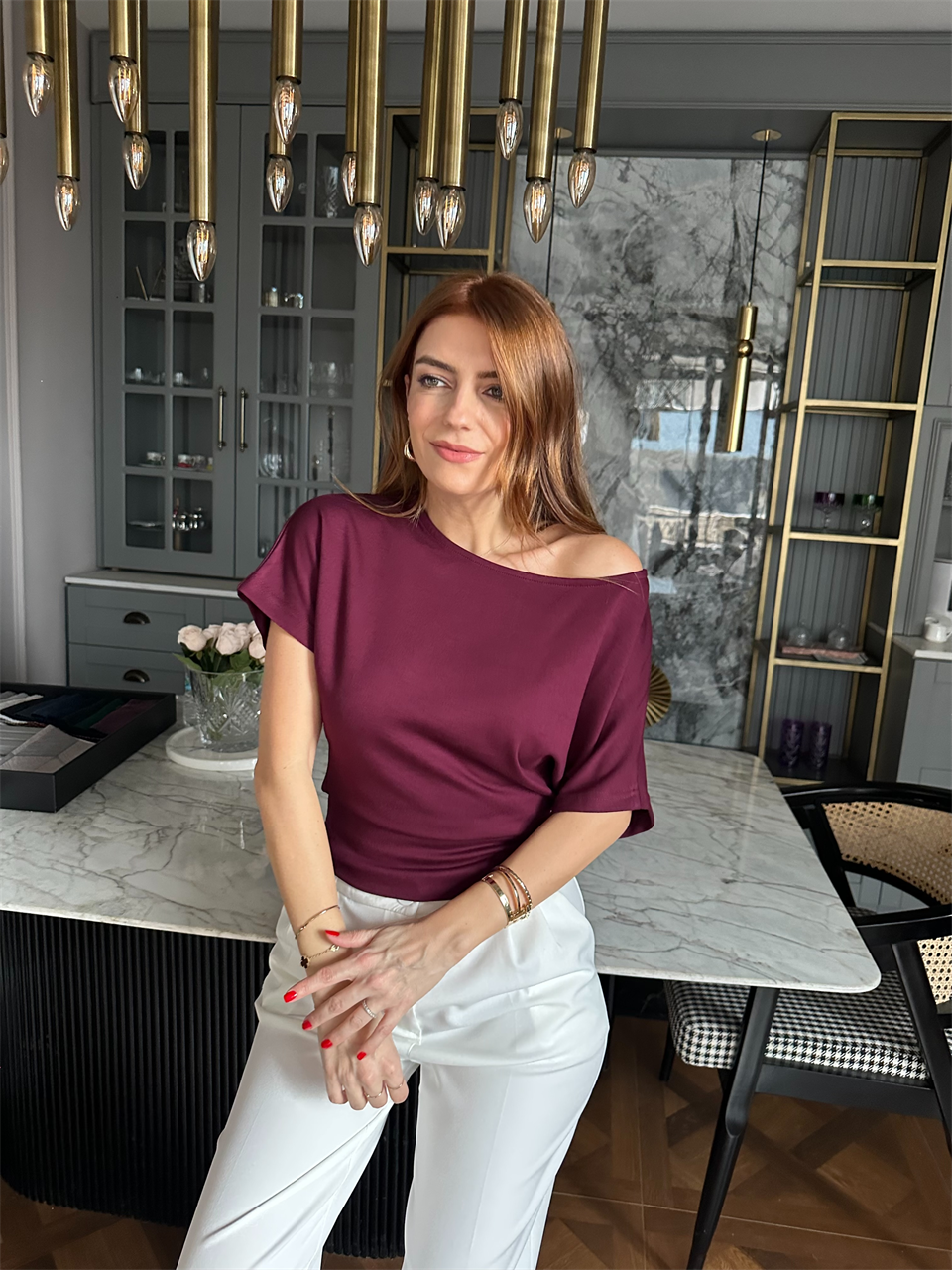 Bordo Kayık Yaka Kısa Kol Bluz