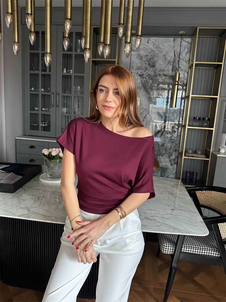 Bordo Kayık Yaka Kısa Kol Bluz