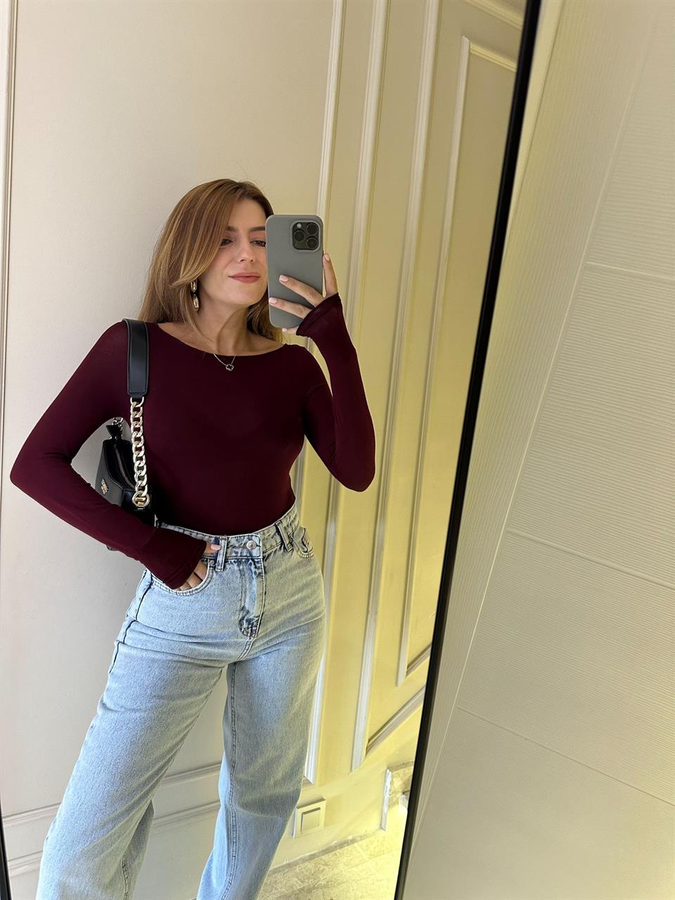 Bordo Kayık Yaka Transparan Viskon Bluz