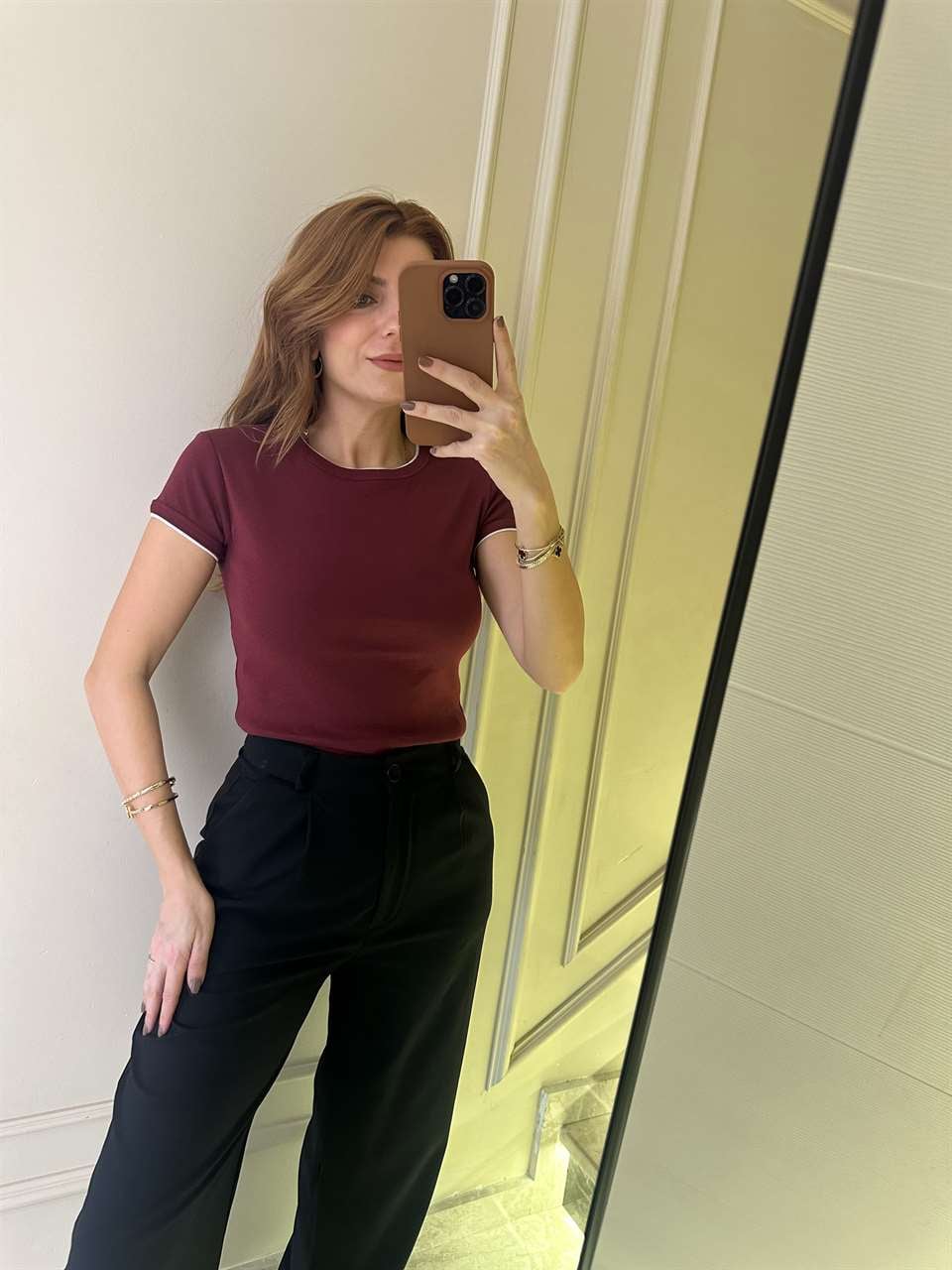 Bordo Kontrast Kısa Kollu Pamuk Tshirt