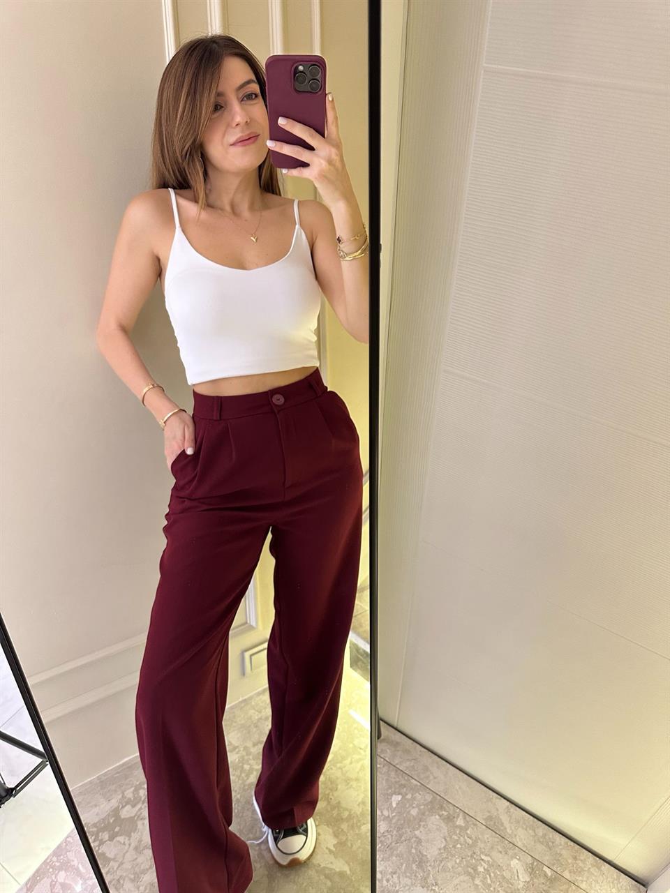 Bordo Kumaş Palazzo Pantolon