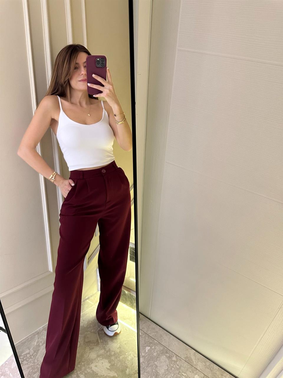 Bordo Kumaş Palazzo Pantolon