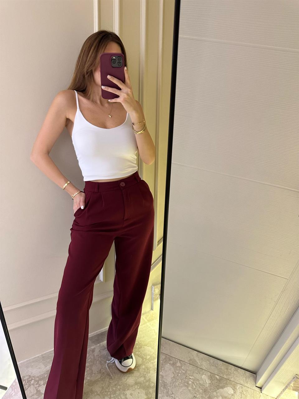 Bordo Kumaş Palazzo Pantolon